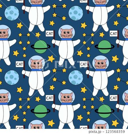 Space Seamless Pattern with Cute cat astronaut with flag, Planets and Stars, Constellation. Vector Background for Kids Design. Flat Illustration. 123568359