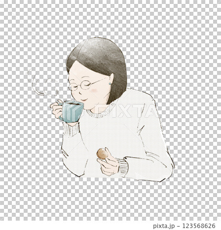 コーヒーを飲みながらお菓子を食べる女性 123568626