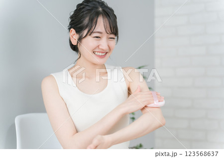 腕に日焼け止め・制汗のボディーパウダーをパフで塗るアジア人女性 123568637