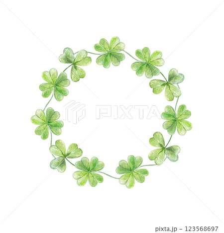 Wreath of green clover leaves. Round frame for text. Hand drawn watercolor illustration isolated on white. For St. Patricks Day cards, invitations, banners, posters. 123568697