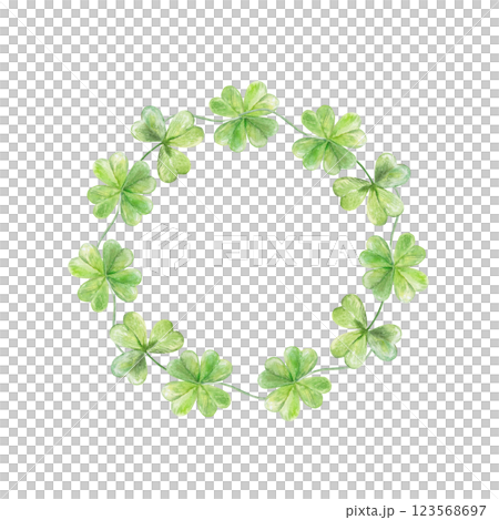 Wreath of green clover leaves. Round frame for text. Hand drawn watercolor illustration isolated on white. For St. Patricks Day cards, invitations, banners, posters. 123568697