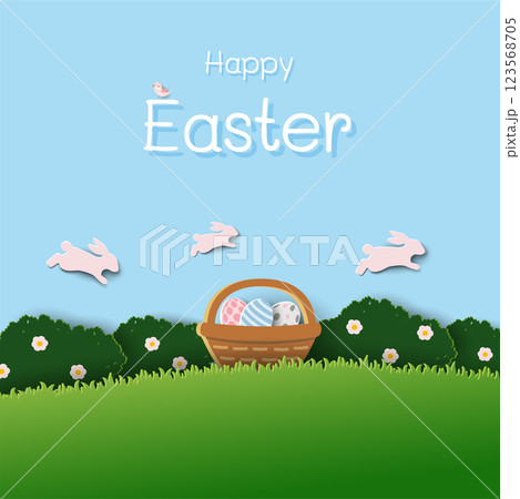 Happy Easter greeting card,celebrate theme with rabbit family on spring garden 123568705