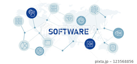Software icon set with illustration application development network service maintenance setting project program database engineering programming analysis data information technology design 123568856