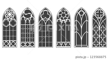 Gothic windows with pattern. Church glass arches. Vintage medieval cathedral architecture frames on white background. Catholic stained interior decoration. Silhouette of old door shapes. Vector 123568875