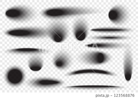 Circle drop shadows on floor. Realistic round and oval black gradients set on transparent checkered background. Vector soft blurred dark elements 123568876
