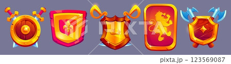 Cartoon medieval shield set Cartoon medieval shield set 123569087