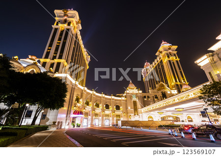 Beautiful night view of Galaxy Entertainment Group a hotel casino resort on the Cotai Strip in Macau, China. Beautiful night view of Galaxy Entertainment Group a hotel casino resort on the Cotai Strip in Macau, China. 123569107