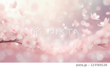 淡いキラキラピンク色ぼかし背景に花びらが舞い散る美しい桜の花のフレーム  3DCGイラスト 123569126
