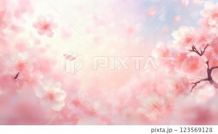 淡いキラキラピンク色ぼかし背景に花びらが舞い散る美しい桜の花のフレーム  3DCGイラスト 123569128