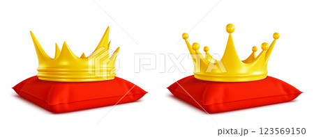 3d crown models on red pillows. 123569150