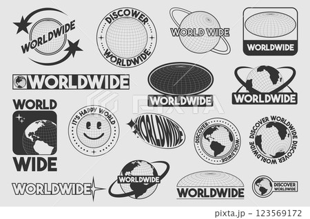 Y2k globe stickers with worldwide text 123569172