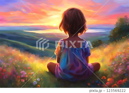 美しい夕焼けを座って見ている子供の油彩画のような絵のイラスト素材