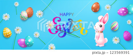 Blue illustration with Easter eggs and a cute pink bunny 123569391