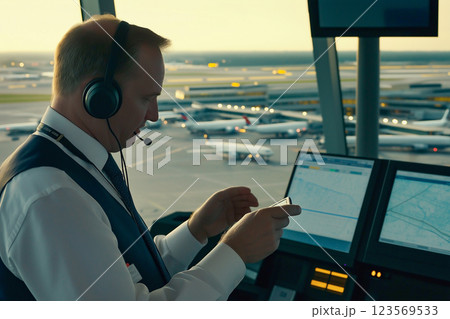 航空管制官が空港の管制塔で航空機を監視する様子のイメージ 123569533