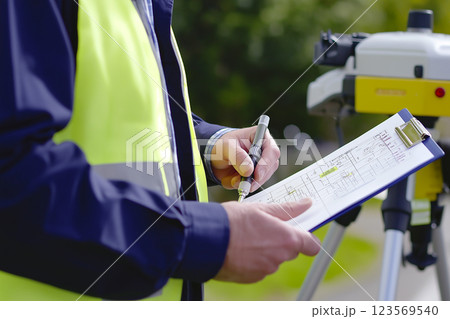 土地家屋調査士が測量データを記録する様子のイメージ 土地家屋調査士が測量データを記録する様子のイメージ 123569540