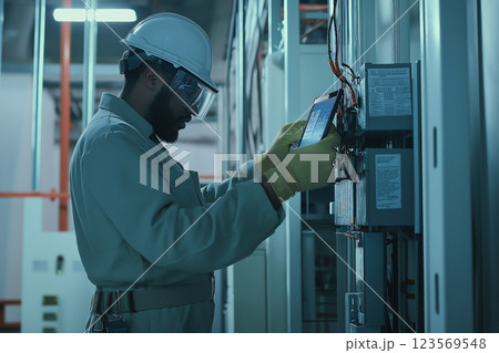 電気主任技術者が工場内の配電盤を点検する様子のイメージ 123569548