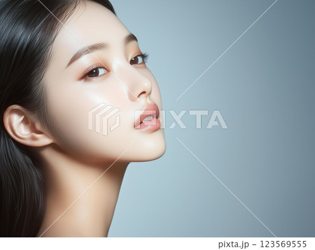 若くて綺麗なアジア人女性モデルの横顔。ナチュラルなメイクと美肌が際立つ美容ポートレート。 123569555