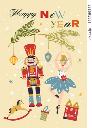 Christmas new year illustration toys ballerina fir nutcracker on light background 123569585