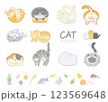 かわいくて丸い、遊び心満載の手描きのカートゥーン猫のセット 123569648
