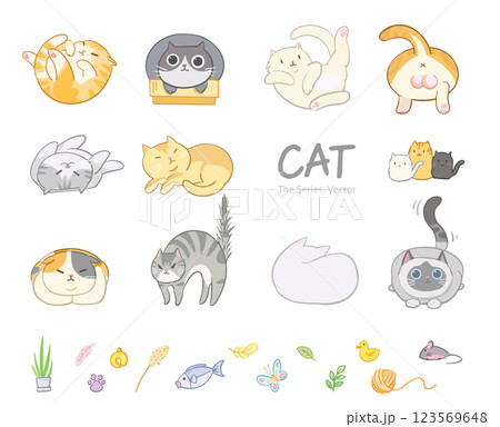 かわいくて丸い、遊び心満載の手描きのカートゥーン猫のセット 123569648