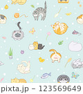 ミントブルーの背景に、かわいくて丸い猫たちのシームレスパターン 123569649