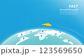 青い背景に半円の世界地図と、その上を飛んでいる紙飛行機 123569650