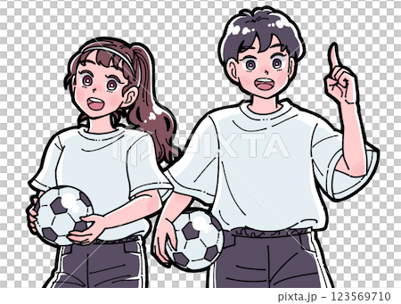 一個男孩和一個女孩拿著足球的插圖 123569710