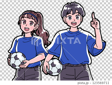 一個男孩和一個女孩拿著足球的插圖 123569711