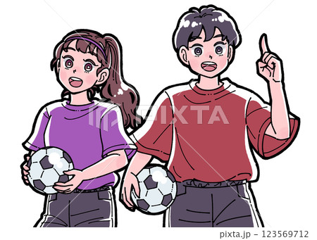サッカーボールを持った男の子と女の子のイラスト 123569712