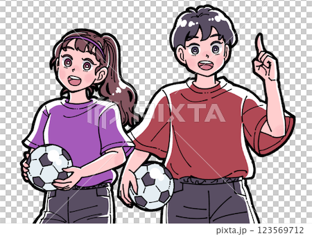 サッカーボールを持った男の子と女の子のイラスト 123569712