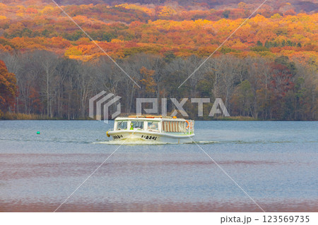 秋の北海道　紅葉の大沼公園　遊覧船 123569735
