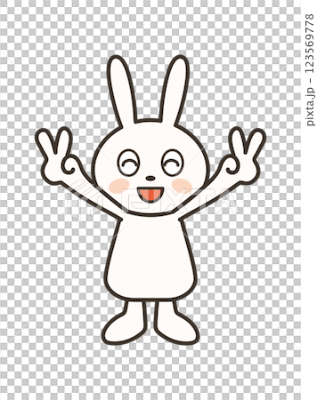 A full-body illustration of a cute rabbit making a double peace sign with a big smile 123569778