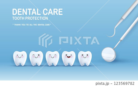 Cartoon tooth character looking in dental inspection mirror. Healthy tooth metaphor. can be used in children dentist clinic. medical health and dentistry concept. cartoon dental character. vector. 123569782