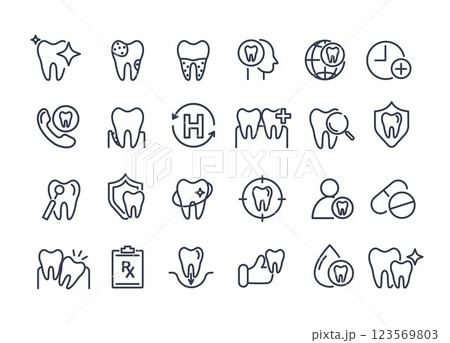 Dental icon set. containing tooth, dentist, toothpaste, toothbrush, teeth, implant and dentistry icons. can be used in children dentist clinic. medical health and dentistry concept. vector. 123569803