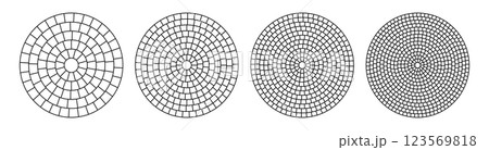 Paved circle pattern tile. Circular brick mosaic. Round radial stone pavement. Paving tile simple floor texture. Black line. Vector illustration isolated on white background 123569818