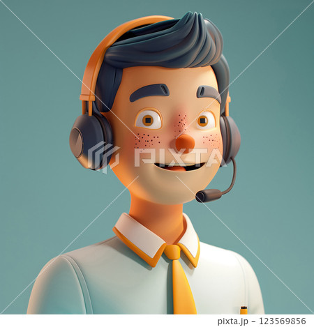 Call center male agent talking. 3d character. Freckled young man in white shirt with a headset 123569856