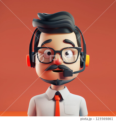 Call center male agent talking. 3d character. Front view. Man in white shirt with a headset Call center male agent talking. 3d character. Front view. Man in white shirt with a headset 123569861