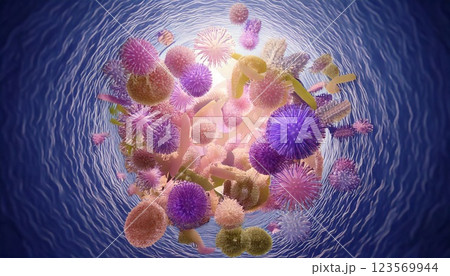 腸内細菌の悪玉菌たちが増えて腸内を浮遊しているイメージ、悪化した腸内環境の3Dイラスト 腸内細菌の悪玉菌たちが増えて腸内を浮遊しているイメージ、悪化した腸内環境の3Dイラスト 123569944