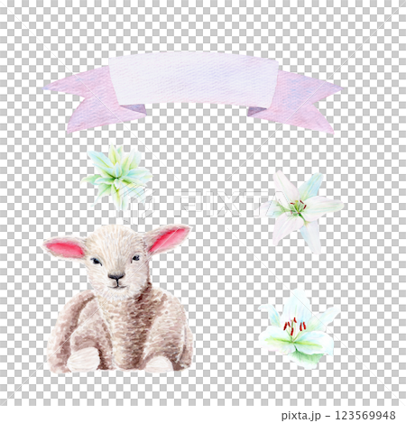 Lamb, lilies, banner watercolor set isolated on white. Clip art perfect for cards, posters, invitations, stickers, Easter, Passover, Holy Thursday, christening, baptism, church decor and design 123569948