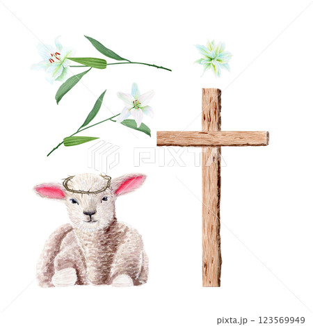 Wooden cross, lamb in a crown of thorns and lilies watercolor illustration set isolated on white. Illustration perfect for Easter, Holy Thursday, christening baptism, wedding cards, stickers decor Wooden cross, lamb in a crown of thorns and lilies watercolor illustration set isolated on white. Illustration perfect for Easter, Holy Thursday, christening baptism, wedding cards, stickers decor 123569949