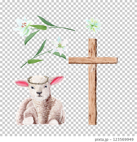 Wooden cross, lamb in a crown of thorns and lilies watercolor illustration set isolated on white. Illustration perfect for Easter, Holy Thursday, christening baptism, wedding cards, stickers decor Wooden cross, lamb in a crown of thorns and lilies watercolor illustration set isolated on white. Illustration perfect for Easter, Holy Thursday, christening baptism, wedding cards, stickers decor 123569949