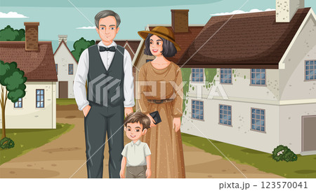 Vintage Family Stroll in Countryside Vintage Family Stroll in Countryside 123570041