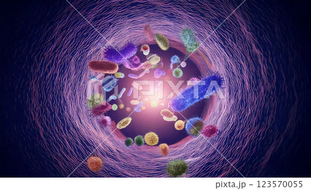 カラフルで多様な腸内細菌たちが腸内を浮遊しているイメージ、腸内フローラの3Dイラスト 123570055