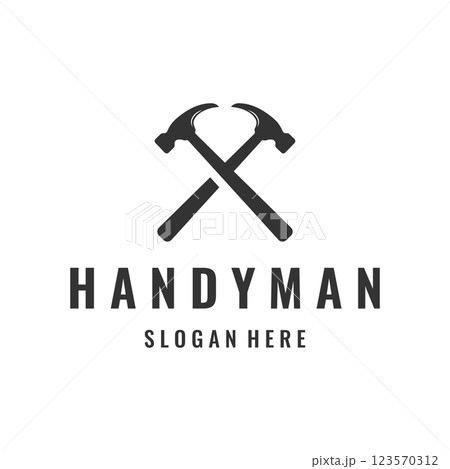 Crossed hammer logo template design for vintage work carpentry tools.Logo for handyman, repair, construction. 123570312