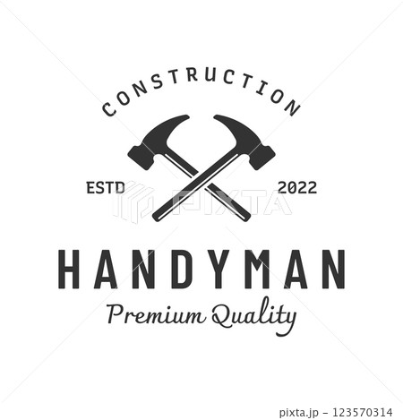 Crossed hammer logo template design for vintage work carpentry tools.Logo for handyman, repair, construction. 123570314