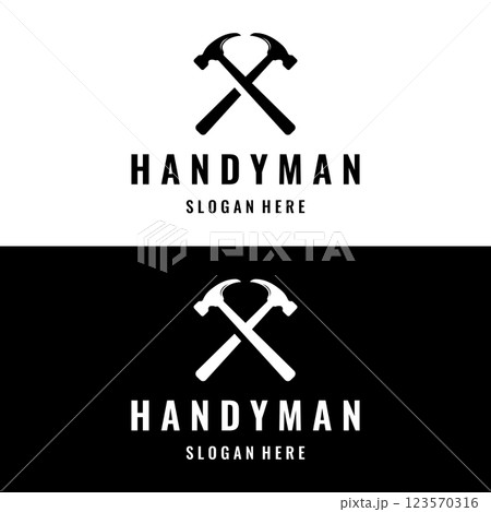 Crossed hammer logo template design for vintage work carpentry tools.Logo for handyman, repair, construction. 123570316