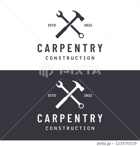 Crossed hammer logo template design for vintage work carpentry tools.Logo for handyman, repair, construction. 123570319