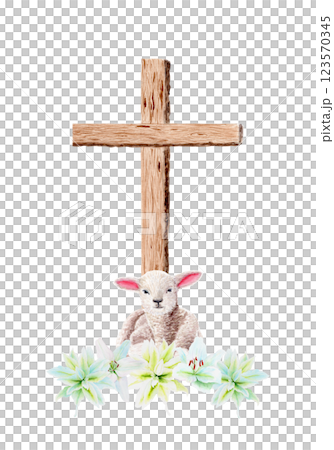 Wooden cross with lily garland and a lamb watercolor composition isolated on white background. Illustration perfect for Easter, Holy Thursday, baptism, church wedding cards, stickers decor design Wooden cross with lily garland and a lamb watercolor composition isolated on white background. Illustration perfect for Easter, Holy Thursday, baptism, church wedding cards, stickers decor design 123570345