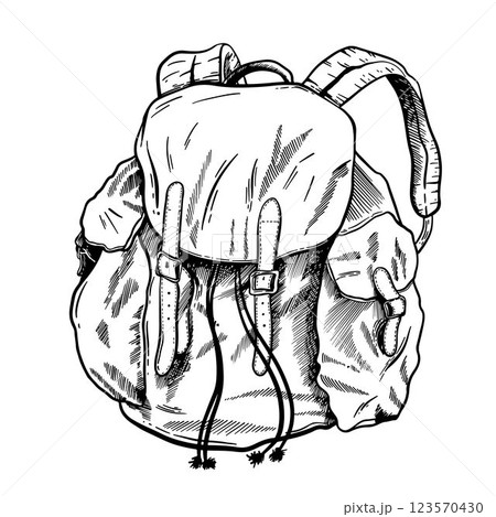 Camping backpack, hiking luggage sketch. Knapsack for travel . Camp hike bag. wanderlust concept. Hand drawn vintage vector illustration Camping backpack, hiking luggage sketch. Knapsack for travel . Camp hike bag. wanderlust concept. Hand drawn vintage vector illustration 123570430