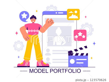 Model Portfolio Vector Illustration featuring a Modeling Agency Manager and a Photographer Taking Photos of a Model on a Platform in a Flat Background Model Portfolio Vector Illustration featuring a Modeling Agency Manager and a Photographer Taking Photos of a Model on a Platform in a Flat Background 123570626
